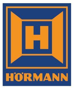 the hormann logo is blue and orange and looks like a castle .