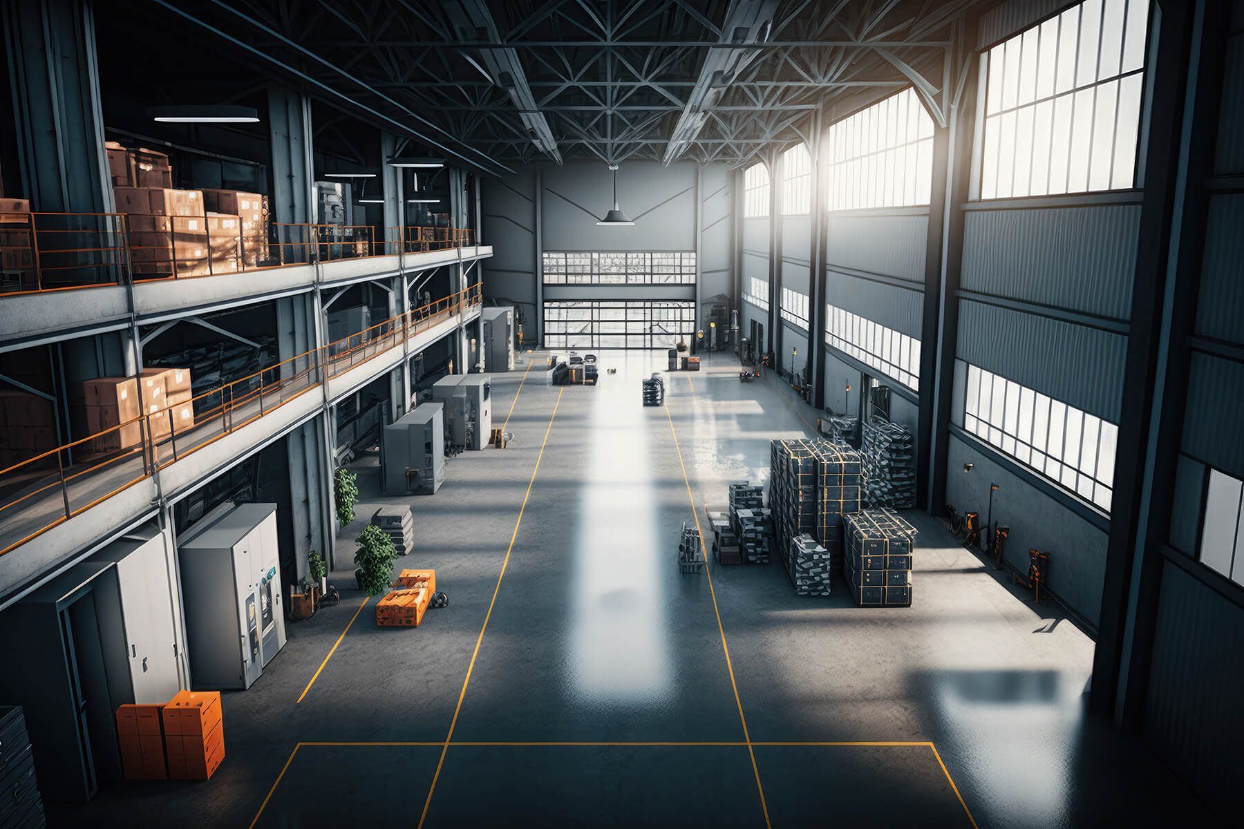 a large warehouse filled with lots of boxes and trucks .