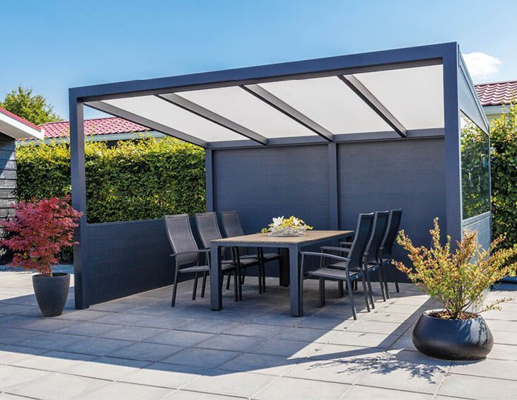 a patio with a table and chairs under a pergola .