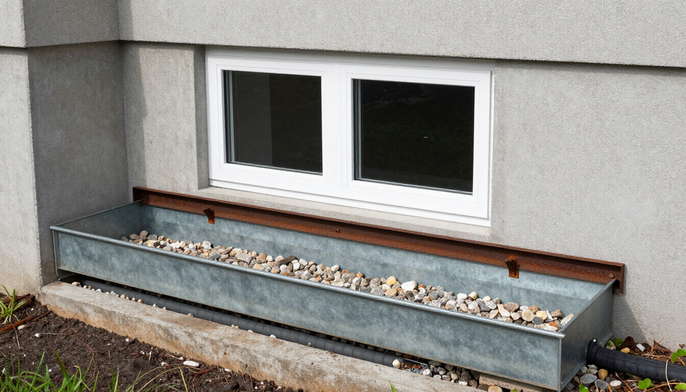 Basement egress window with window well and drainage installed, viewed from outside