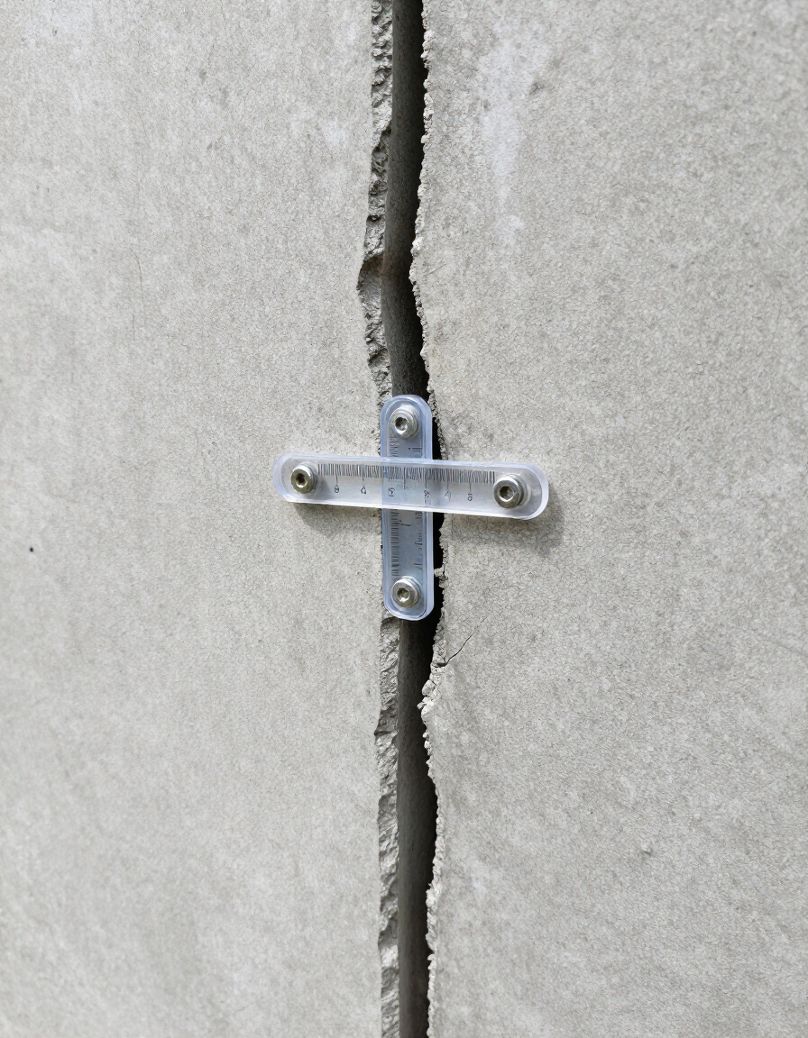 Close-up of a vertical foundation wall crack with a crack monitor gauge installed