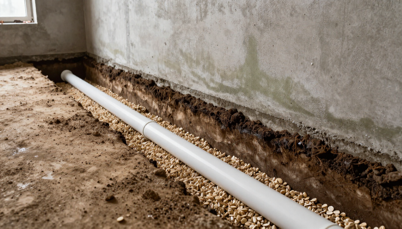 Interior French drain trench along a basement perimeter wall before the slab is poured back