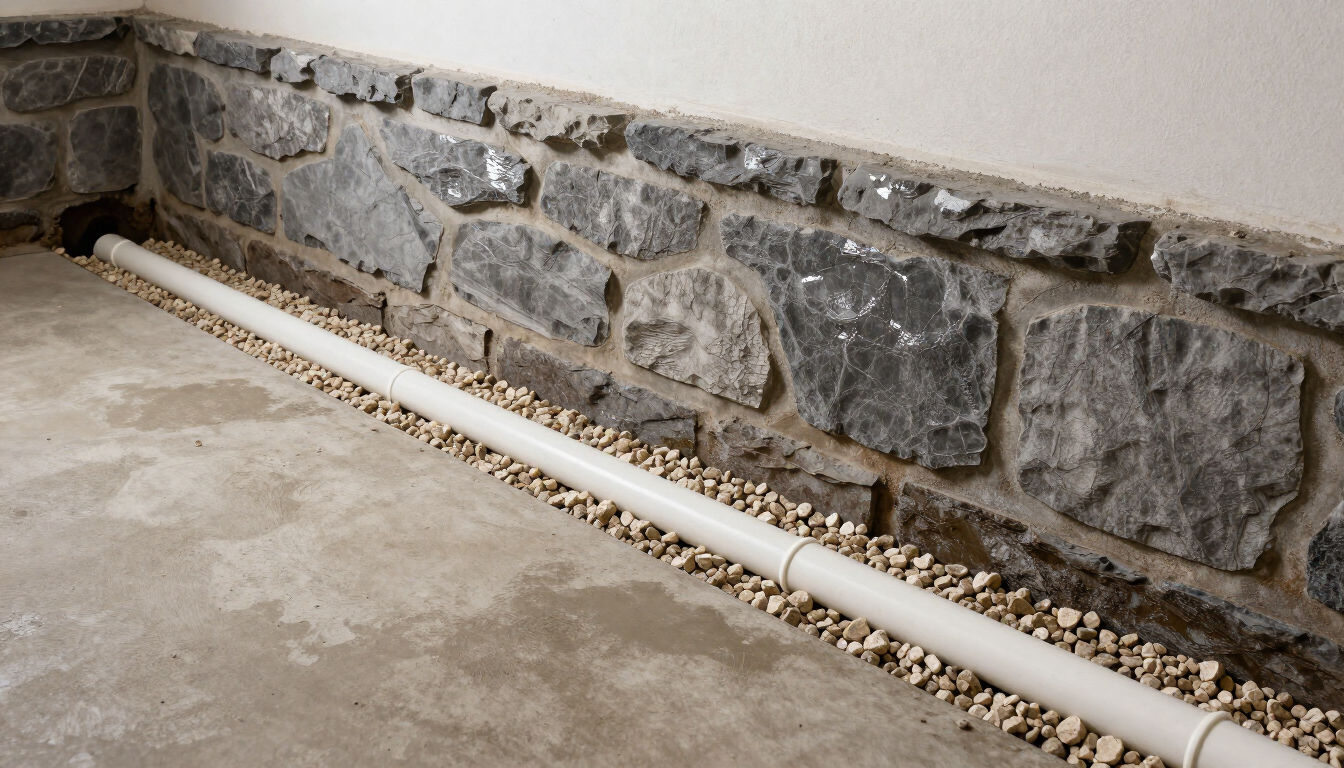 Interior french drain installation along stone foundation wall, Philadelphia basement waterproofing