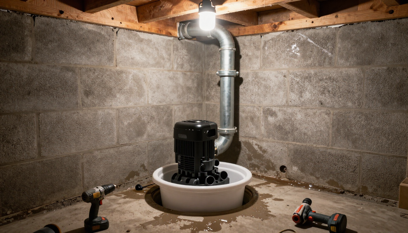 Sump pump installation in Northeast Philadelphia basement, block foundation