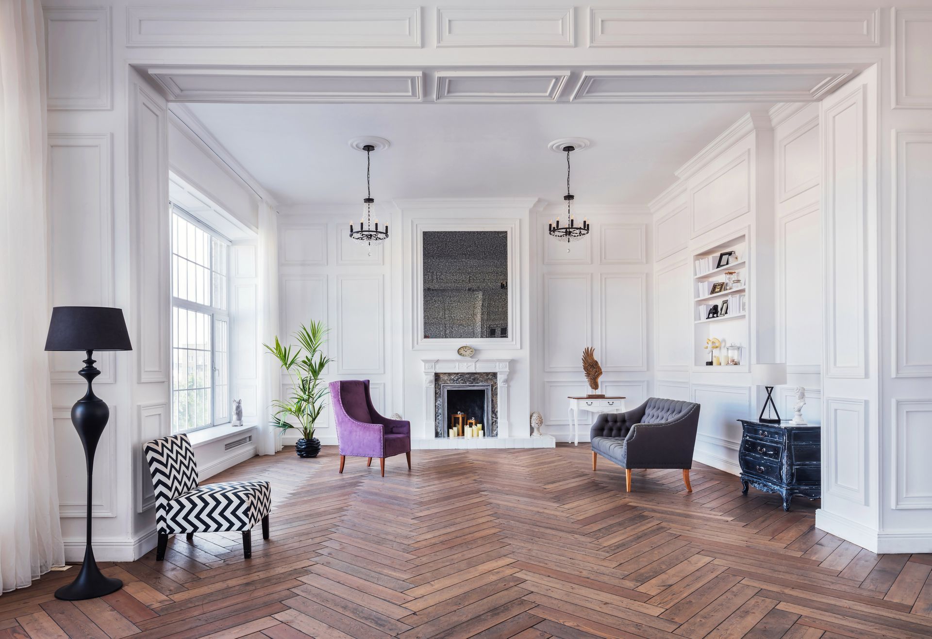 parquet posato a spina italiana in un salone