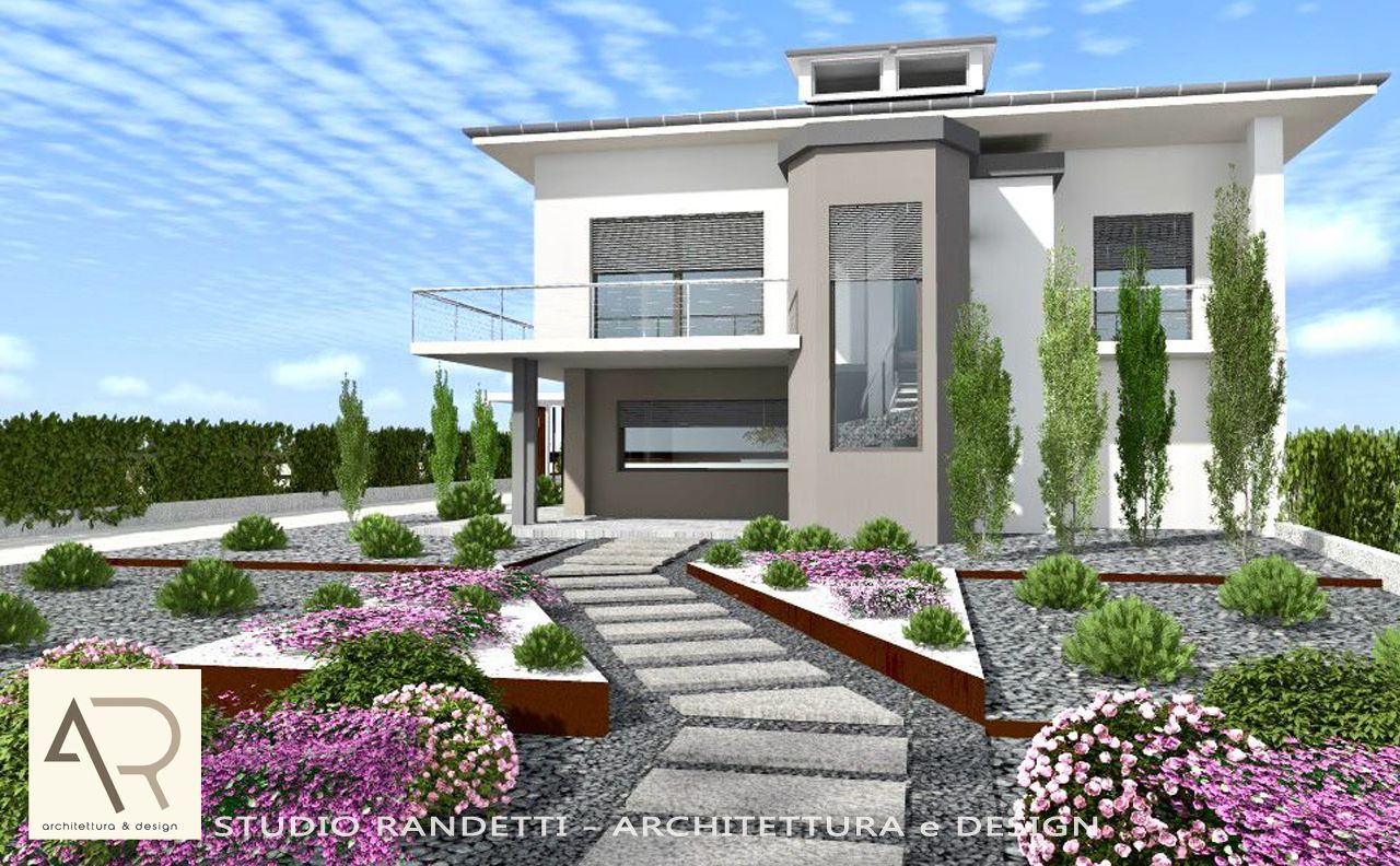 Casa moderna a due piani di colore bianco con giardino anteriore curato, scalini in pietra e fiori viola.