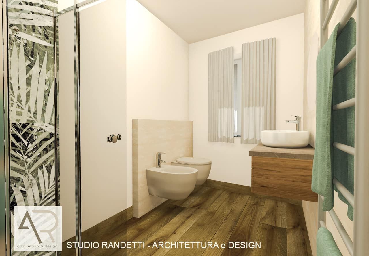 Bagno moderno con mobiletto in legno, WC sospeso, piastrelle beige e asciugamani verdi.