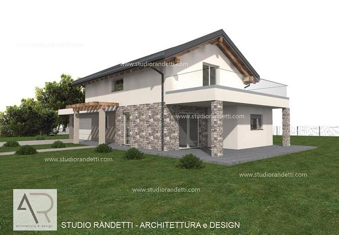 Rendering di una moderna casa a due piani con dettagli in pietra, pareti bianche e tetto spiovente, immersa in un contesto erboso.