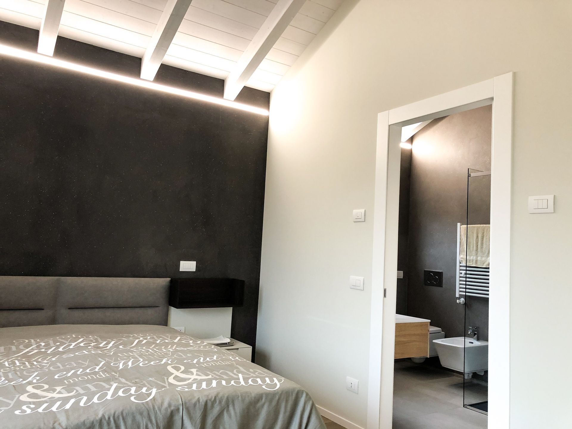 Camera da letto moderna con letto grigio, parete decorativa nera e porta del bagno adiacente.