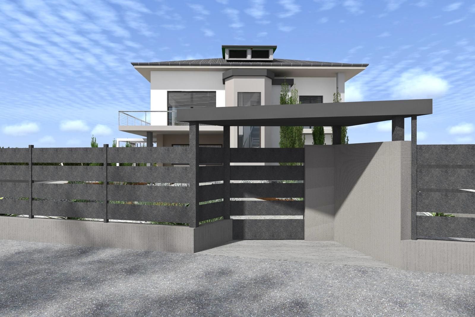 Casa moderna a due piani con vialetto d'accesso recintato e muro di cinta grigio sotto un cielo azzurro