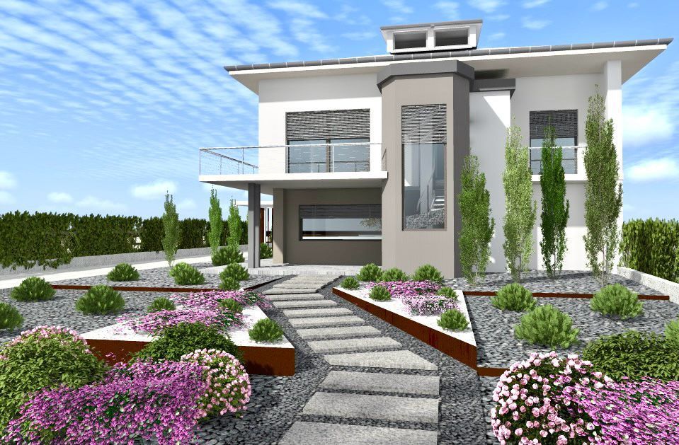 Casa moderna bianca con balcone in vetro, scalini in pietra e giardino fiorito paesaggistico antistante.