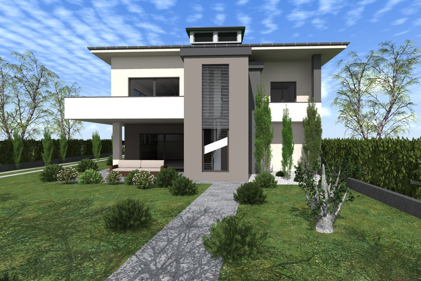 Casa moderna a due piani con facciata grigia, balcone e giardino anteriore curato sotto un cielo azzurro.