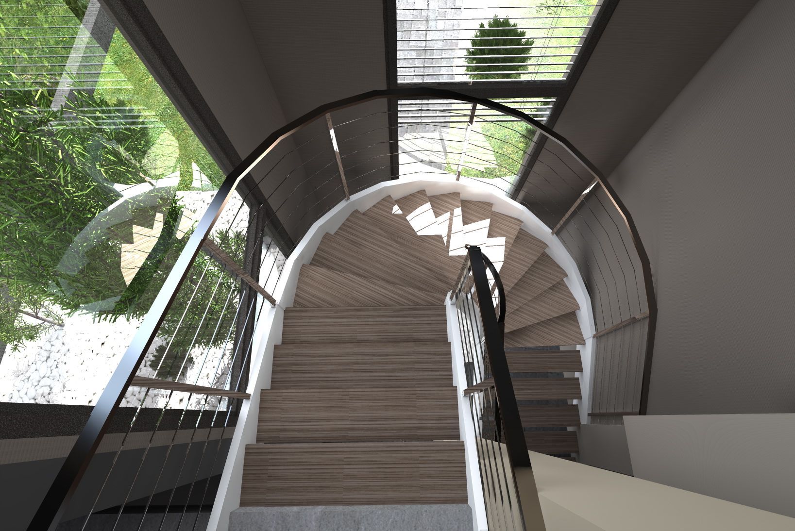Scala interna curva con pareti in vetro e ringhiere in metallo, illuminata da una brillante luce naturale.
