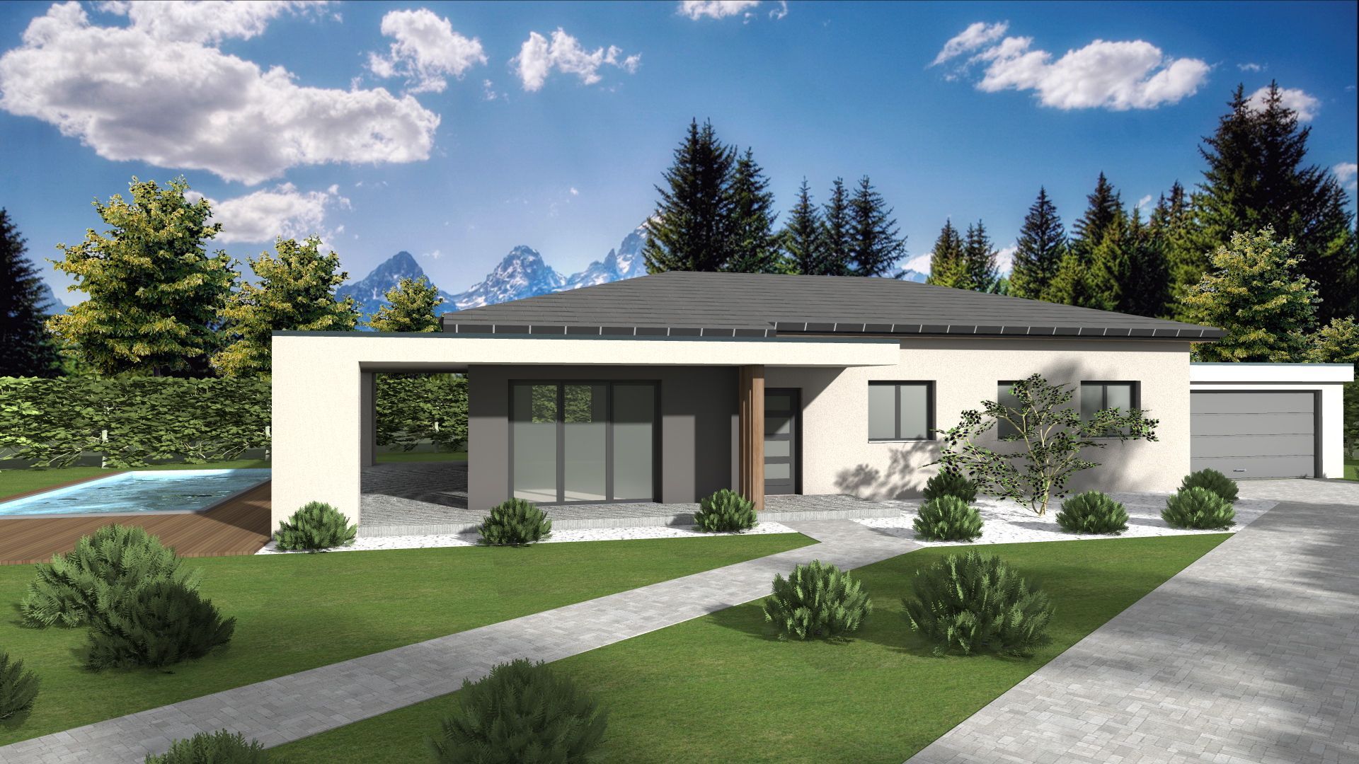 Casa moderna bianca a un solo piano con ampie finestre, prato verde, vialetto d'accesso e alberi sotto un cielo azzurro.
