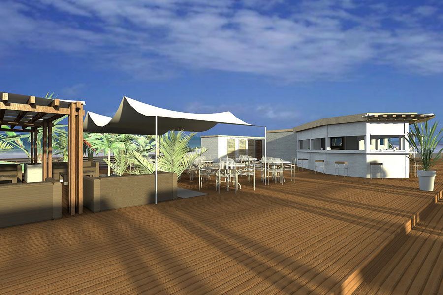 Terrazza panoramica moderna con pavimento in legno, vele ombreggianti bianche, tavoli e vista sull'oceano sotto un cielo azzurro.