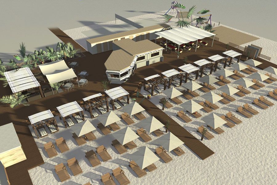 Veduta aerea di un resort sul lungomare con file di ombrelloni bianchi, lettini e una terrazza a bordo piscina.
