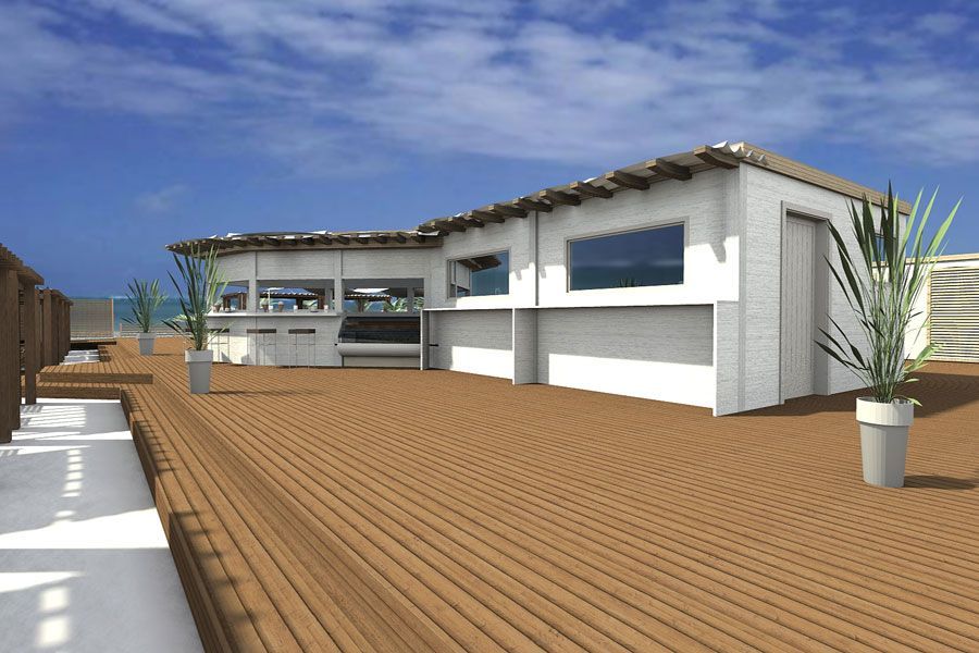 Casa moderna con un'ampia terrazza in legno e piante in vaso sotto un cielo azzurro.