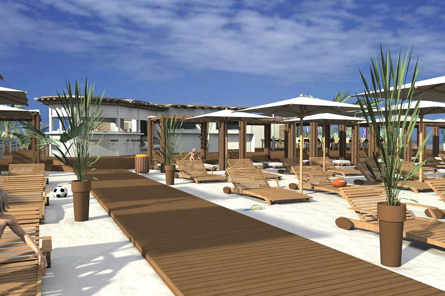 Terrazza a bordo piscina di un resort di lusso con lettini, passerella in legno e ombrelloni bianchi sotto un cielo azzurro limpido.