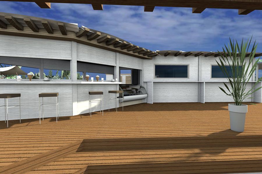 Moderna terrazza sul tetto con pavimentazione in legno, sgabelli da bar, pareti bianche e piante in vaso sotto un cielo azzurro.