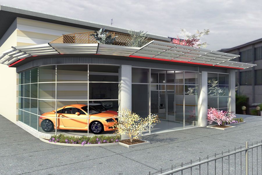 Casa moderna in vetro con un'auto sportiva arancione brillante parcheggiata all'interno e fiori rosa all'ingresso.