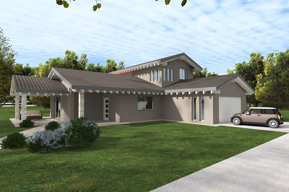 Casa suburbana moderna e grigia con garage per due auto, vialetto d'accesso e prato verde sotto un cielo limpido