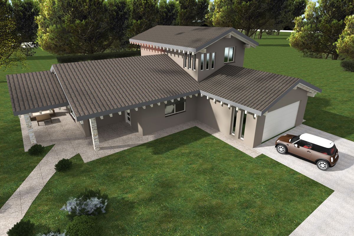 Casa moderna a un solo piano con tetto grigio, portico anteriore, vialetto d'accesso e pick-up parcheggiato in un cortile verde.