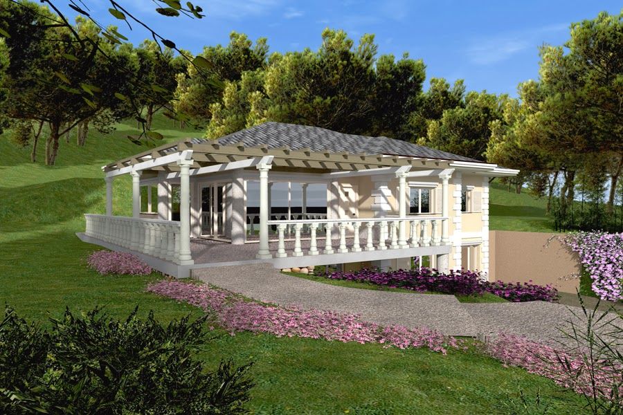 Gazebo bianco su un pendio erboso con alberi e fiori rosa sotto un cielo azzurro