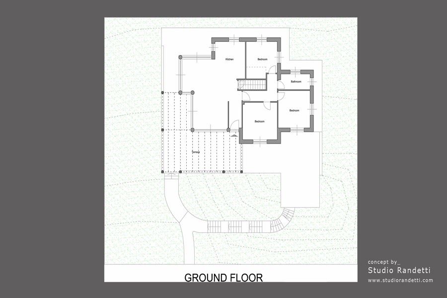Planimetria architettonica del piano terra in bianco e nero con indicazione delle stanze e della disposizione delle scale.