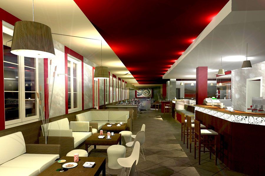 Interni moderni del ristorante con luci rosse a soffitto, divanetti bianchi e un bancone bar sul lato destro.