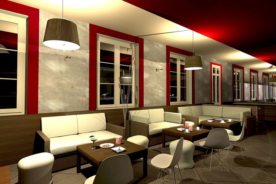 Salotto moderno con divani color crema, tavolini, lampade a sospensione e finestre con cornici rosse lungo una parete piastrellata.