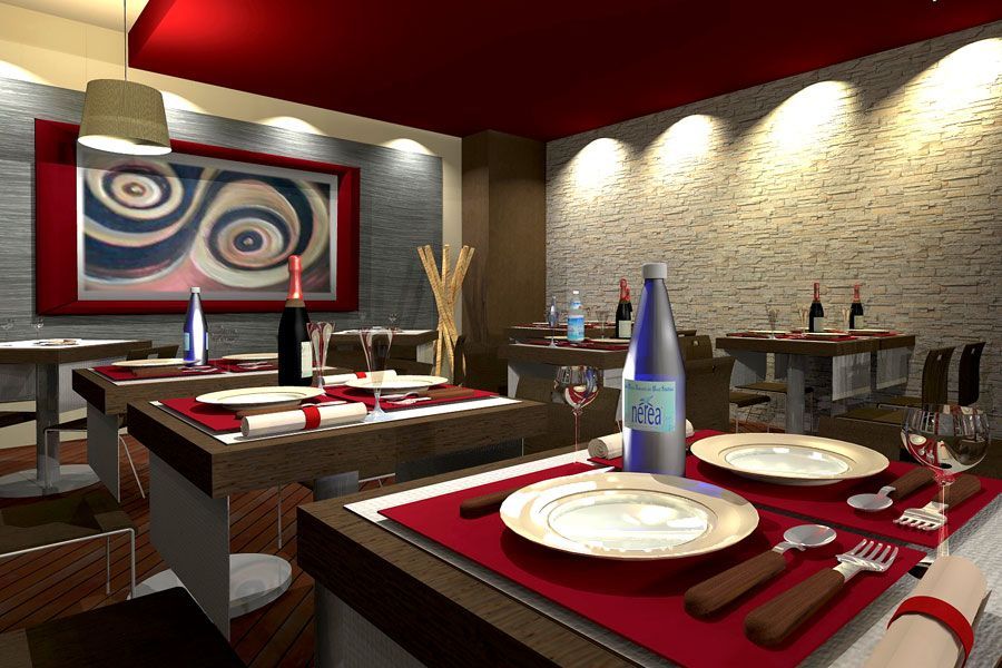 Sala da pranzo di un ristorante moderno con tavoli apparecchiati, dettagli rossi e opere d'arte alle pareti.