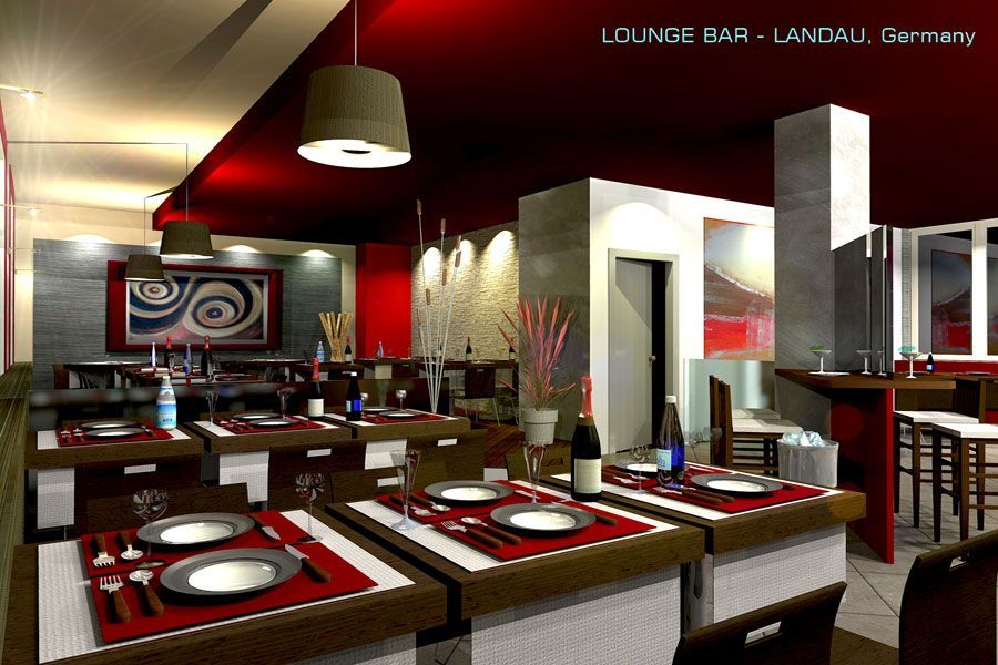 Interni moderni di un lounge bar con decorazioni rosse e nere, tavoli apparecchiati e lampade a sospensione.