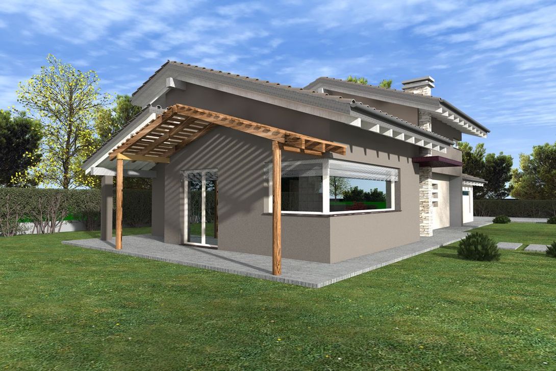 Casa moderna a un solo piano con tetto spiovente, dettagli in legno e un ampio giardino erboso.