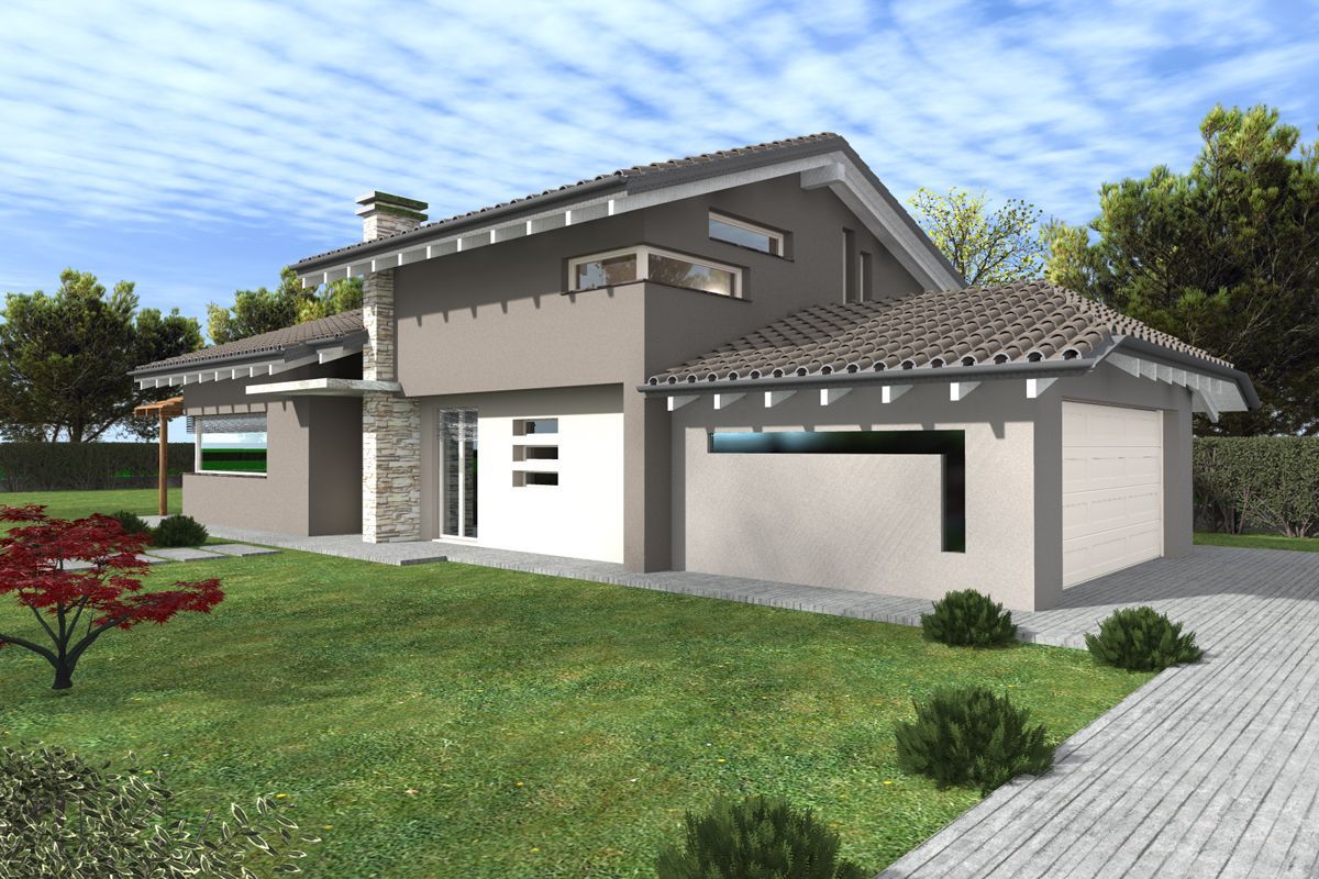 Casa moderna color beige con garage, prato verde e vialetto pavimentato sotto un cielo azzurro