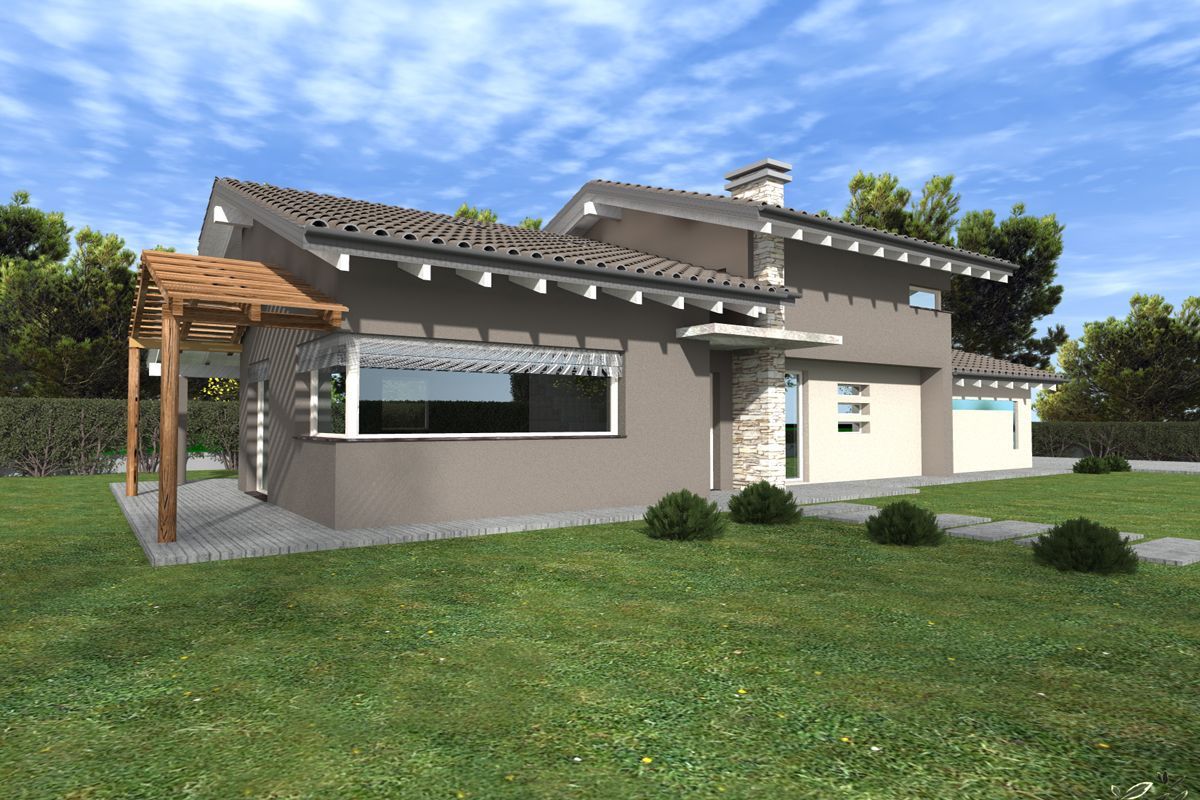 Casa moderna color beige con pergolato, tetto spiovente e prato verde sotto un cielo azzurro.