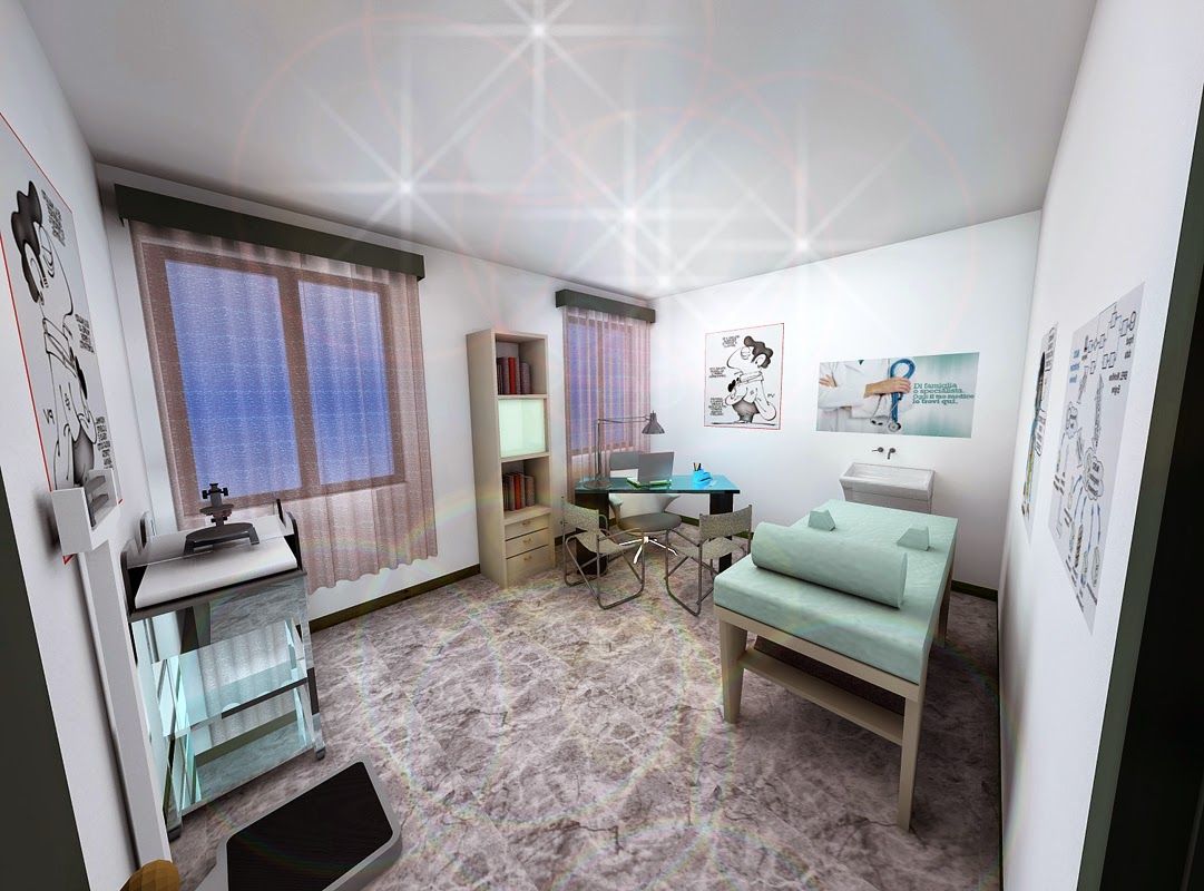 Camera da letto luminosa con due letti singoli, ampia finestra, pavimento a motivi geometrici e decorazioni sui toni del blu tenue.