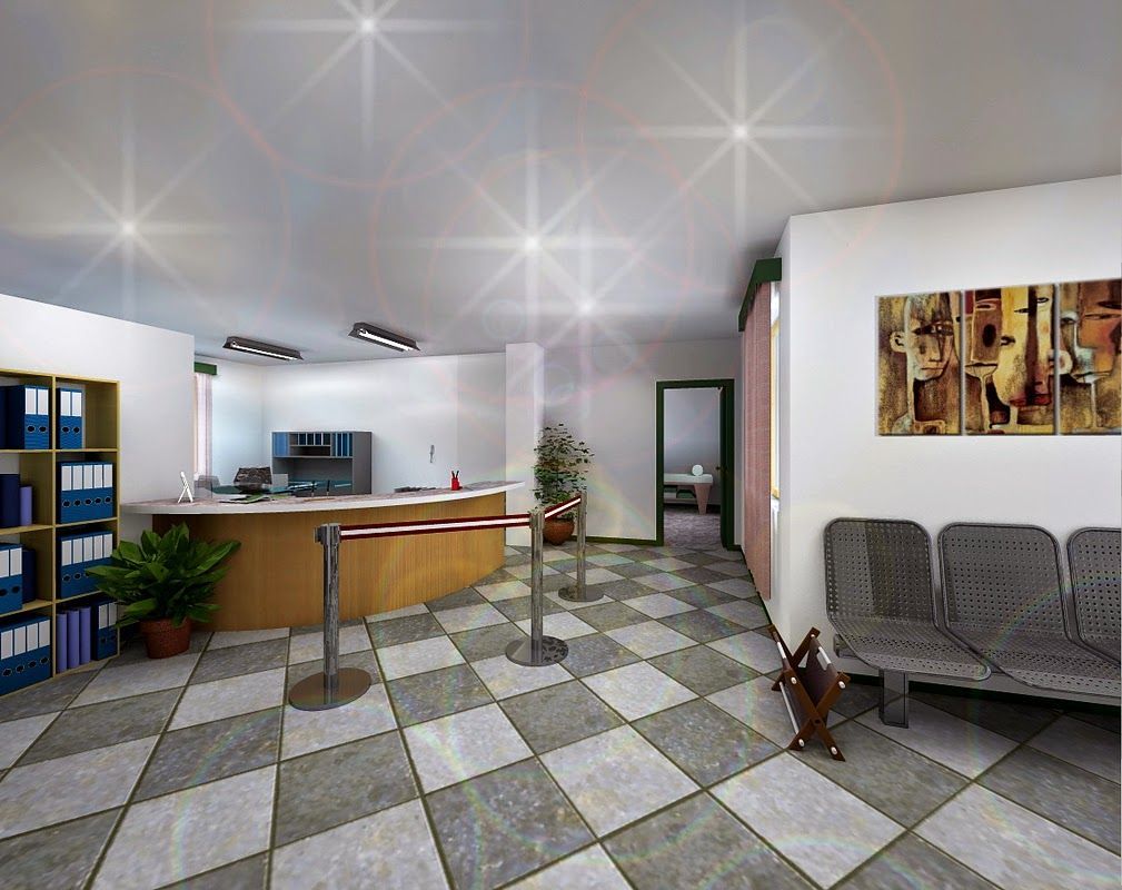 Moderna hall d'ingresso con reception, sedie, pavimento piastrellato e piante in vaso.
