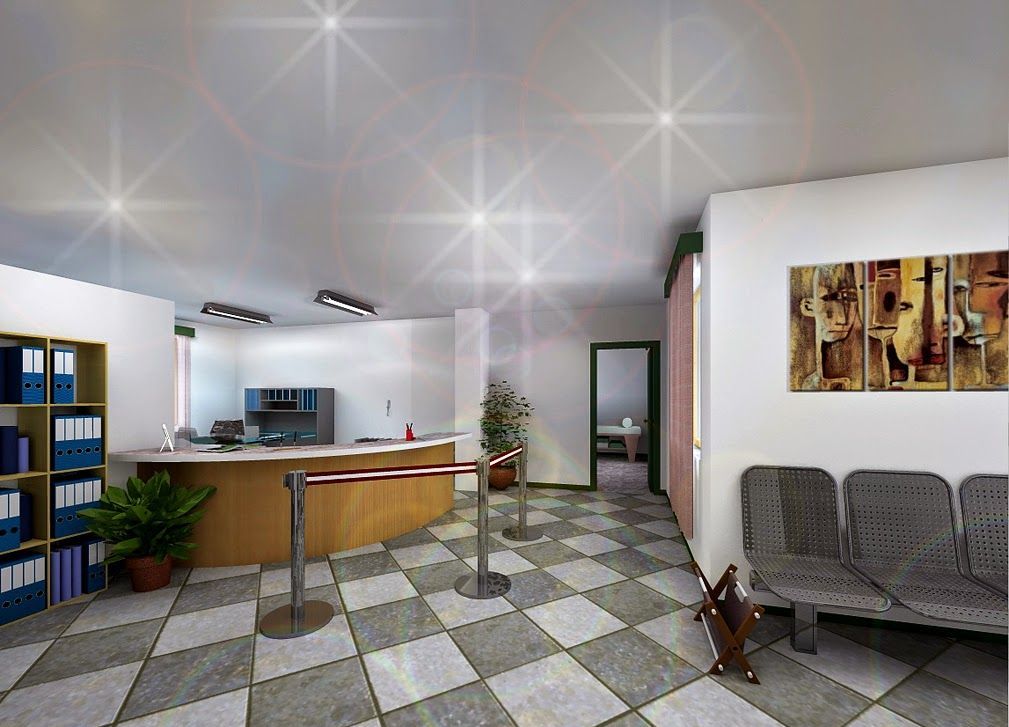 Moderna hall d'ingresso per uffici con banco reception, pavimento a scacchi, sedie, piante in vaso e opere d'arte alle pareti.