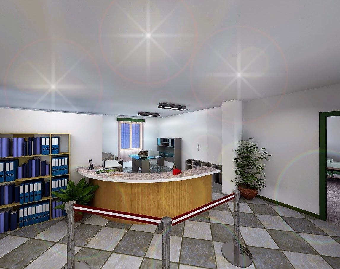 Banco della reception con scaffali blu per documenti, pianta in vaso, pavimento piastrellato e tende alle finestre.