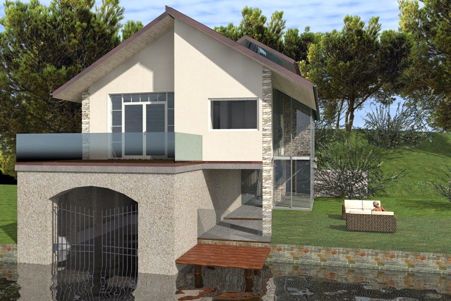 Casa moderna a due piani con balcone, piano inferiore in pietra e giardino in collina.