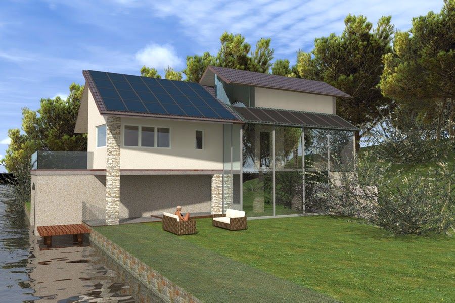 Casa moderna a due piani con pannelli solari, dettagli in pietra e un giardino erboso in riva all'acqua.