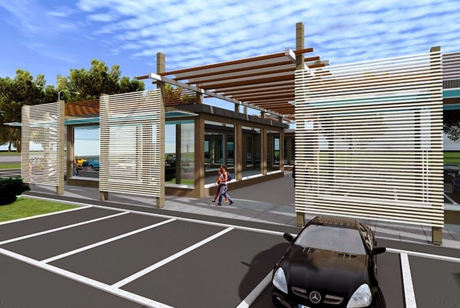 Parcheggio moderno con ingresso a padiglione in legno e alcune persone che passeggiano sotto un cielo azzurro.