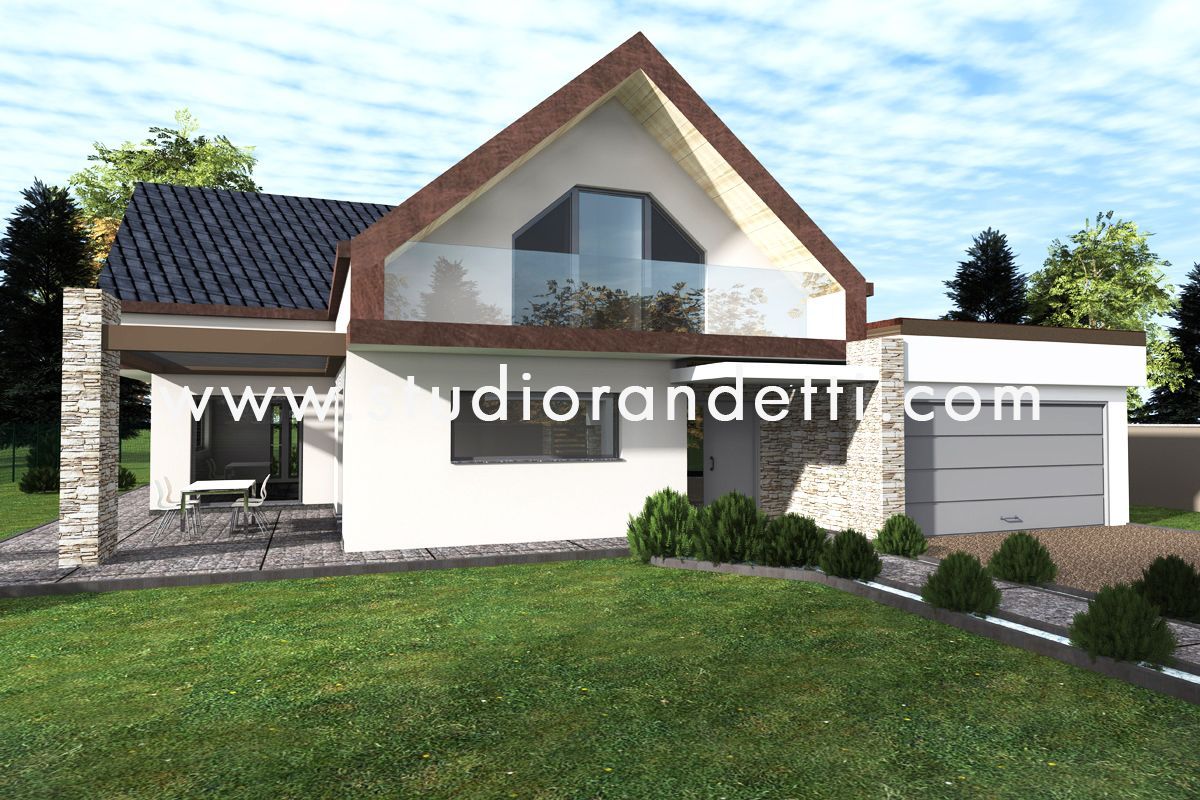 Casa moderna in periferia con pareti bianche, tetto marrone, garage e prato anteriore curato.