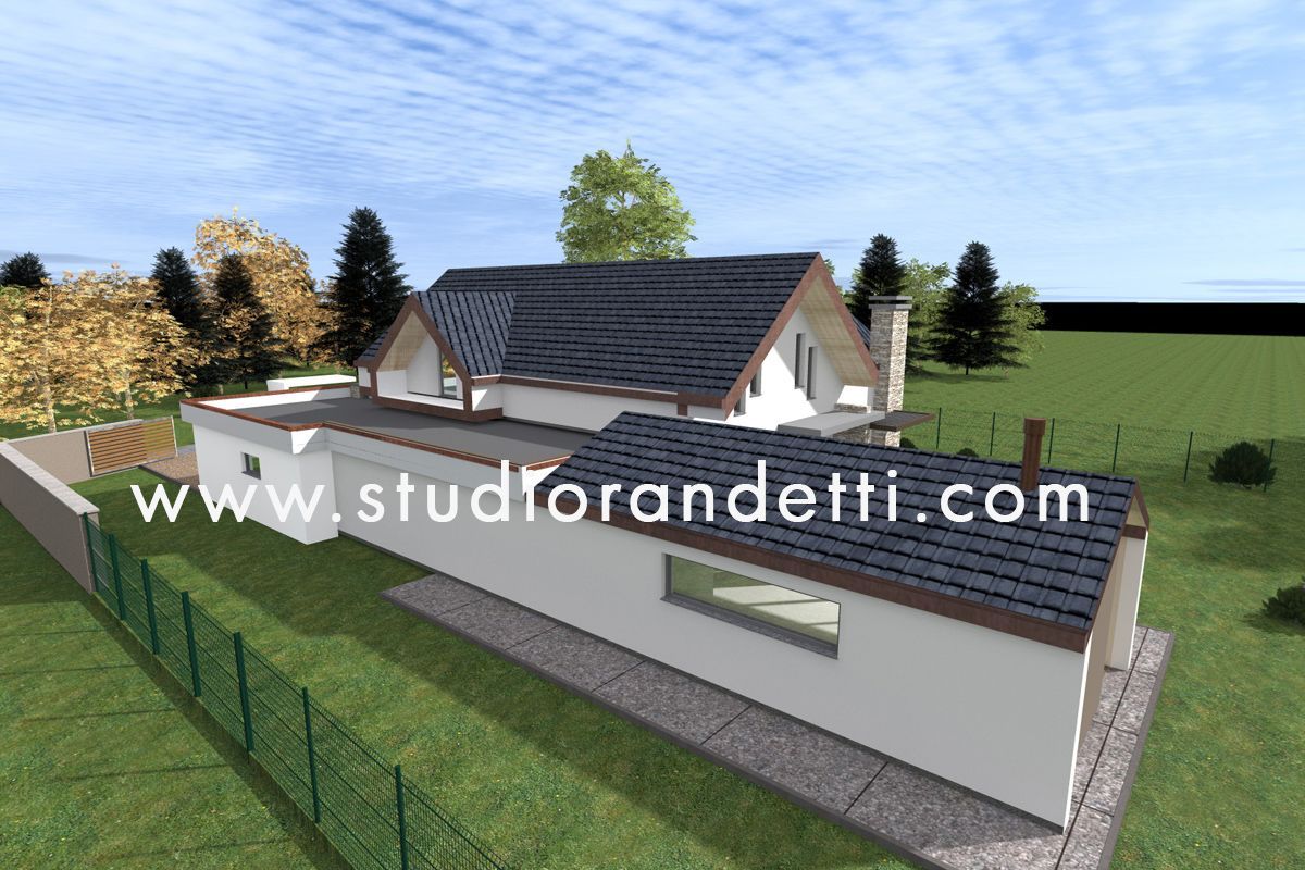 Rendering 3D di una casa moderna con tetto scuro, pareti bianche e giardino recintato in un contesto rurale erboso.