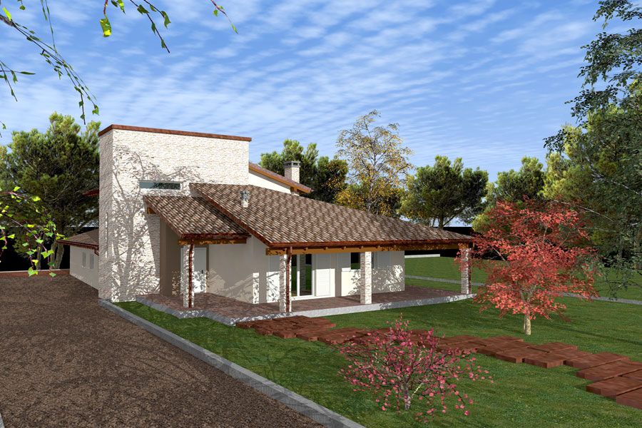 Casa moderna con pareti in stucco bianco, tetto in tegole e un giardino erboso sotto un cielo azzurro.