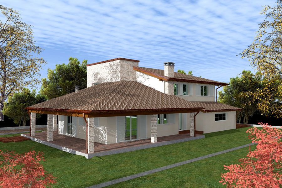 Casa bianca a due piani con tetto di tegole rosse e veranda che la circonda, immersa tra alberi e fiori.