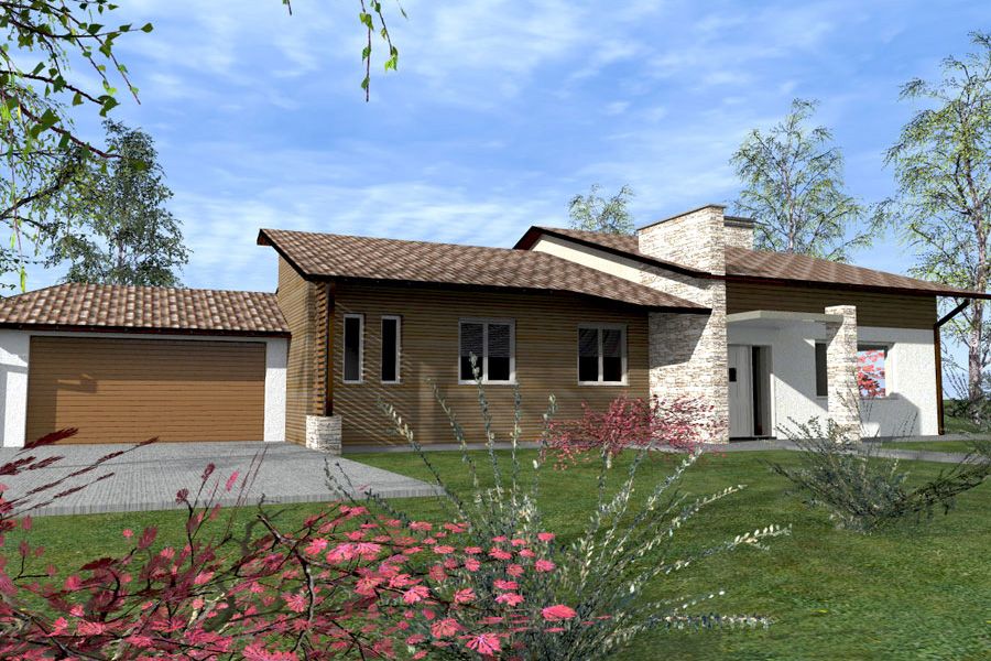 Casa moderna a un solo piano con mattoni color sabbia, tetto marrone, garage e giardino anteriore fiorito.