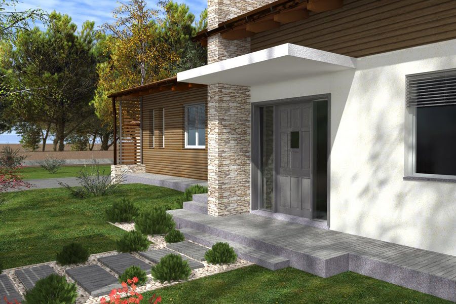 Ingresso di casa moderna con colonne in pietra, porta a vetri e giardino paesaggistico soleggiato