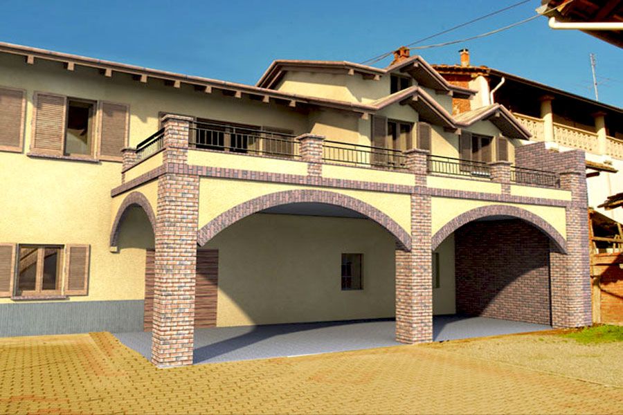 Arco in mattoni coperto annesso a una casa beige con tetto in tegole e vialetto d'accesso al cortile.