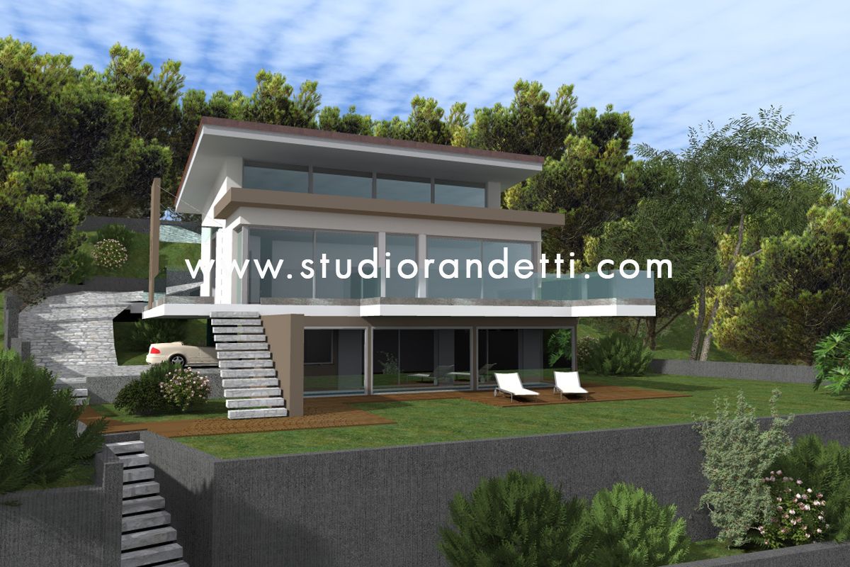 Casa moderna a due piani con ampie vetrate, situata su una collina e immersa nel verde.